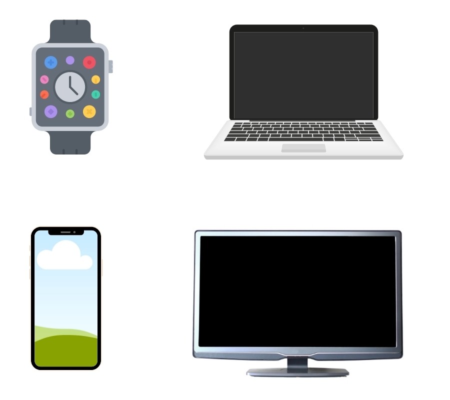 phone, smart watch, laptop, smart tv